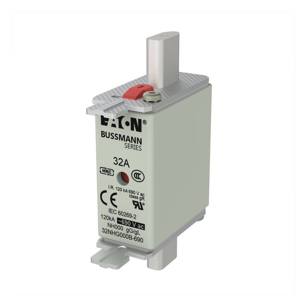 Eine 32A Bussmann-Serie von Eaton mit weißem Gehäuse und rotem Arretierungsmechanismus, mit IEC-Spezifikationen und Zertifizierungen.
