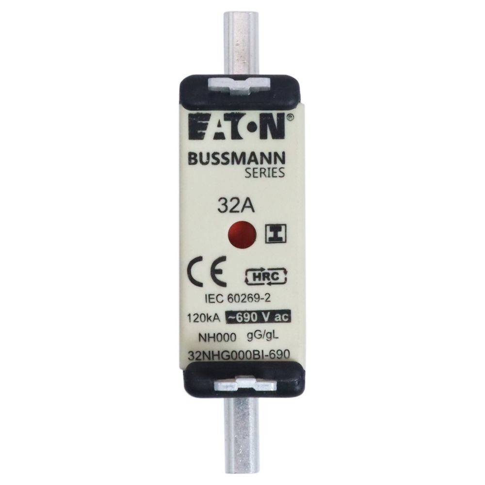 Ein Bussmann-Sicherungselement, gekennzeichnet mit '32A', '690V AC', 'NH000', 'IEC 60269-2'. Entwickelt zum Schutz elektrischer Stromkreise.