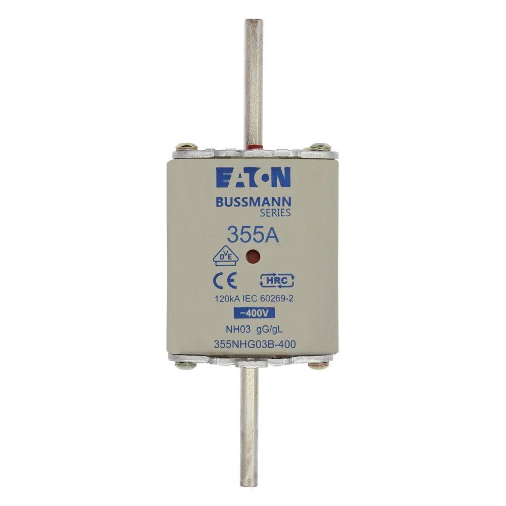 Eaton Bussmann Serie 355A Sicherung, 120kA/IEC 60269-2, 400V, NH03, gG/gL, 355NHG03B-400, HRC-Modell, geeignet für elektrischen Schutz.