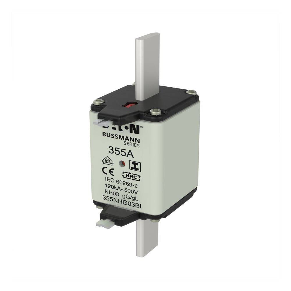 Eaton Bussmann Serie 355A Sicherung, NH00-Typ, mit HRC-Sicherungseinsatz, 120 kA 690 V Nennwert, gekennzeichnet 355NGH03BI, weiß mit schwarzen und metallischen Komponenten.