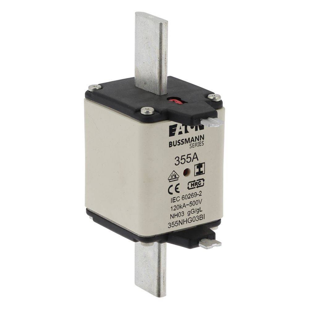 Eaton Bussmann Reihe 355A Sicherung, NH gG, 120kA-500V Bemessung, IEC 60269-2 Standard, Modell 355NHG03BI, mit sichtbaren Messerverbindern.