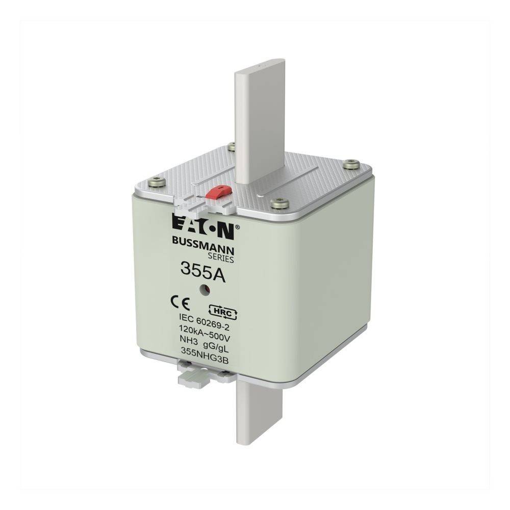 Eaton Bussmann Reihe 355A Sicherung, IEC 60269-2, 120kA-500V, NH3, gG/gL 355NHG33B, weißer Körper mit Metallverbindern.