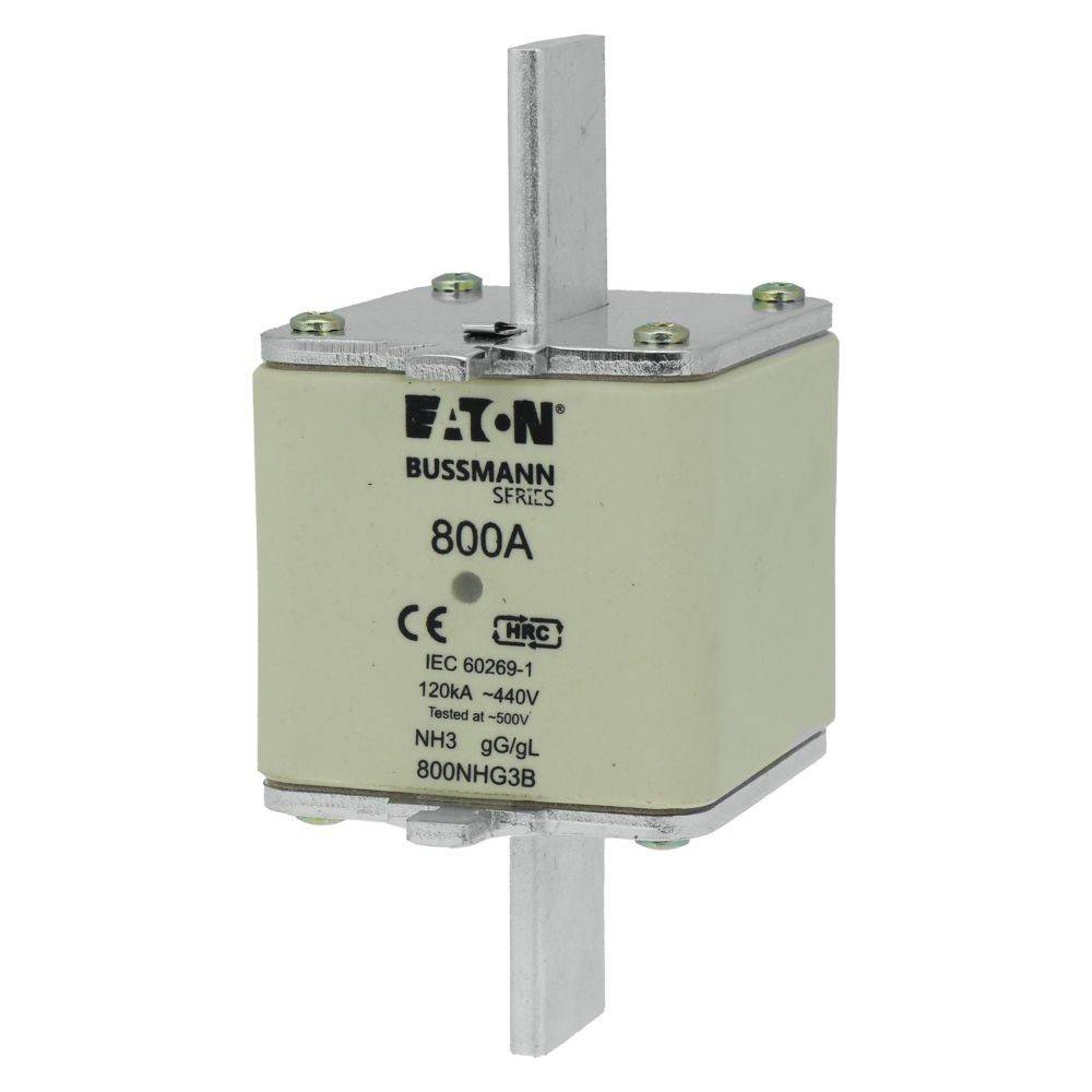 HRC-Sicherung, Eaton Bussmann Serie, 800A, IEC 60269-1 konform, 120kA-440V, Modell NH3 gG/gL 800NHG3B, mit metallischen und cremefarbenen Komponenten.
