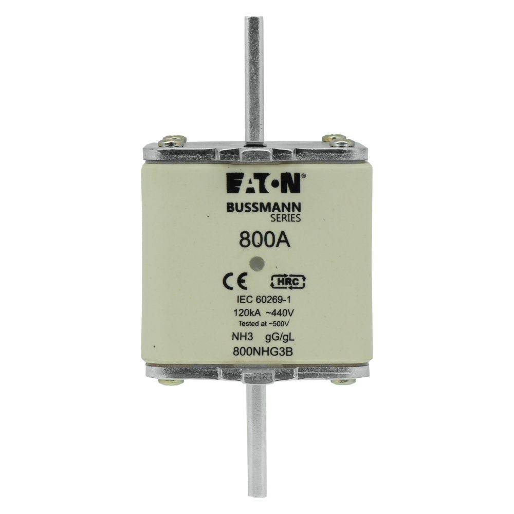 EATON Bussmann Serie 800A Sicherung, IEC 60269-1, 120kA, 440V, getestet bei 500V, NH3, gG/gL, Modell 800NHG3B, CE- und HRC-markiert.
