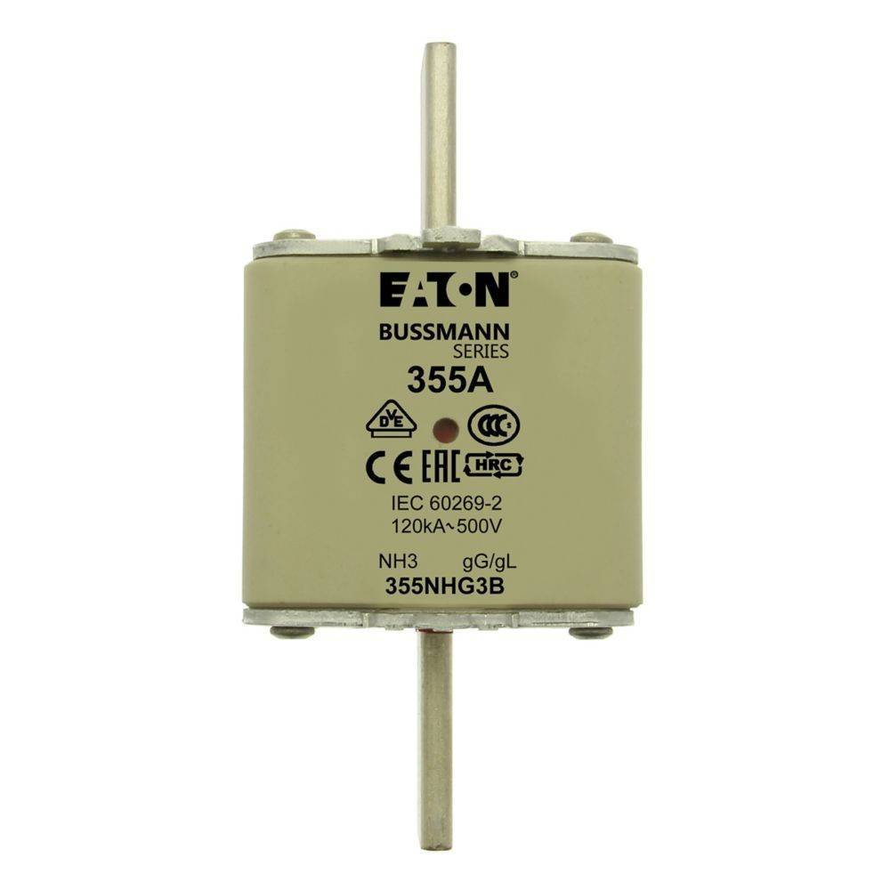EATON Bussmann Serie 355A' Sicherungseinheit mit einer Metallstange durch die Mitte, die Zertifizierungen und Spezifikationen für den elektrischen Einsatz zeigt.