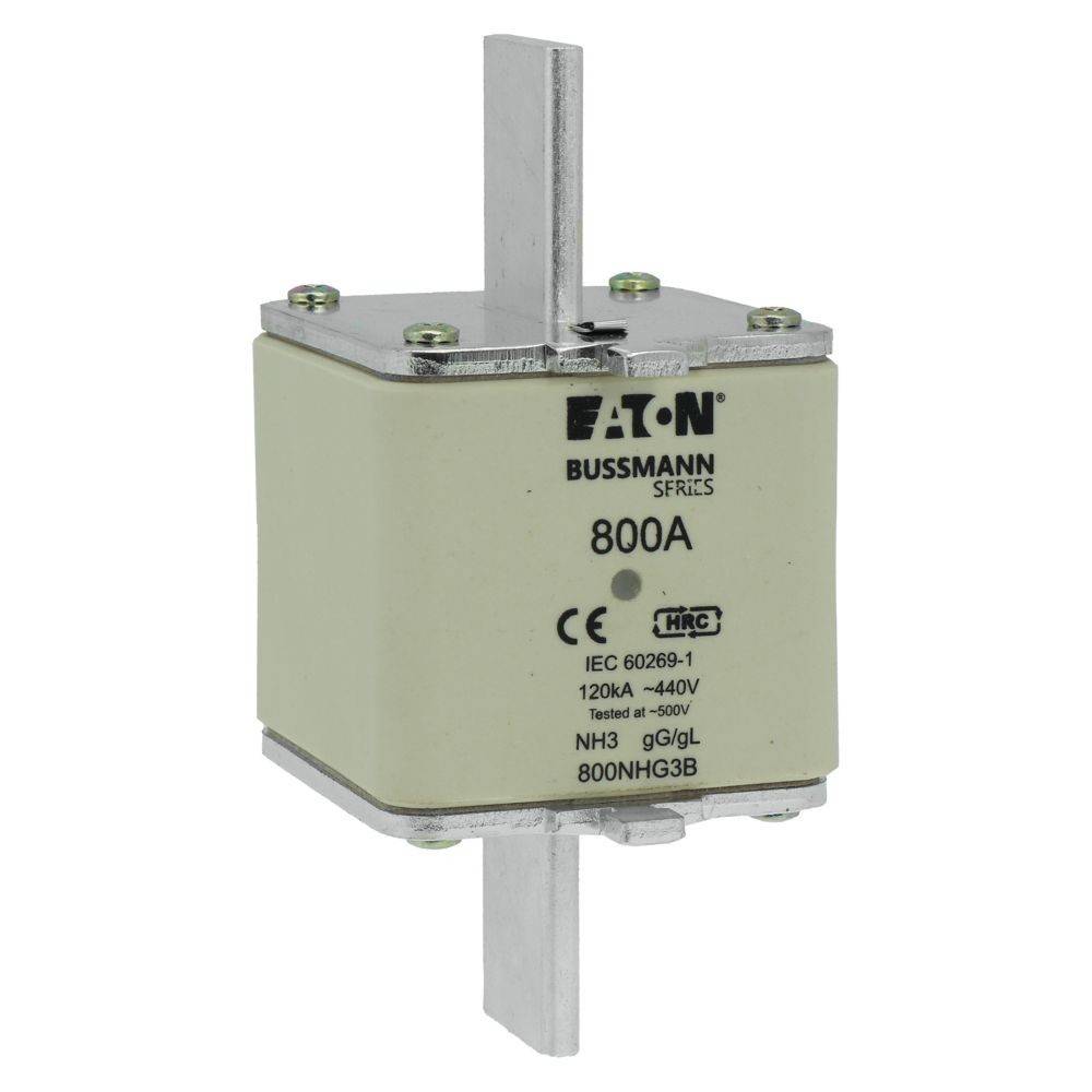 Eaton Bussmann Serie 800A Sicherung mit Metallverbinder, gekennzeichnet als 'NH3 gG/gL', zertifiziert nach CE- und IEC-Standards.