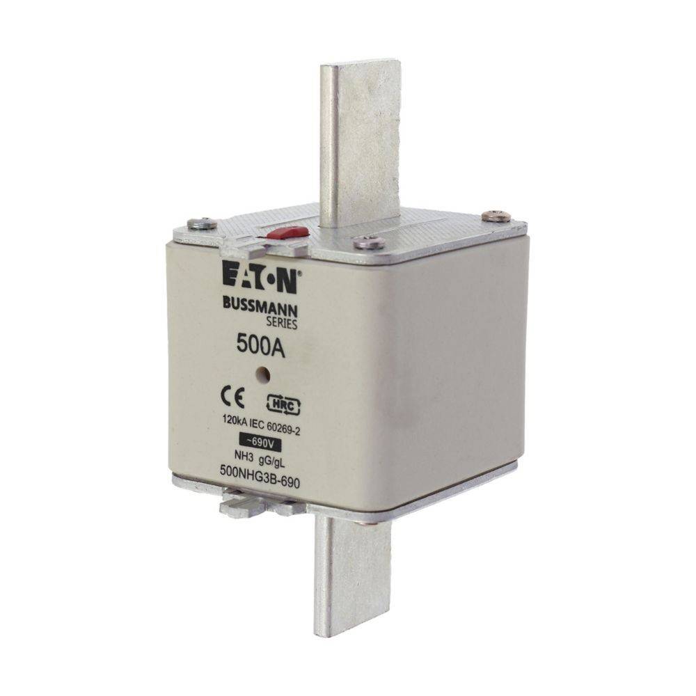 Eaton Bussmann Serie 500A Sicherungsblock, auf weißem Hintergrund präsentiert, mit Metallsteckverbindern und beschrifteten technischen Spezifikationen.