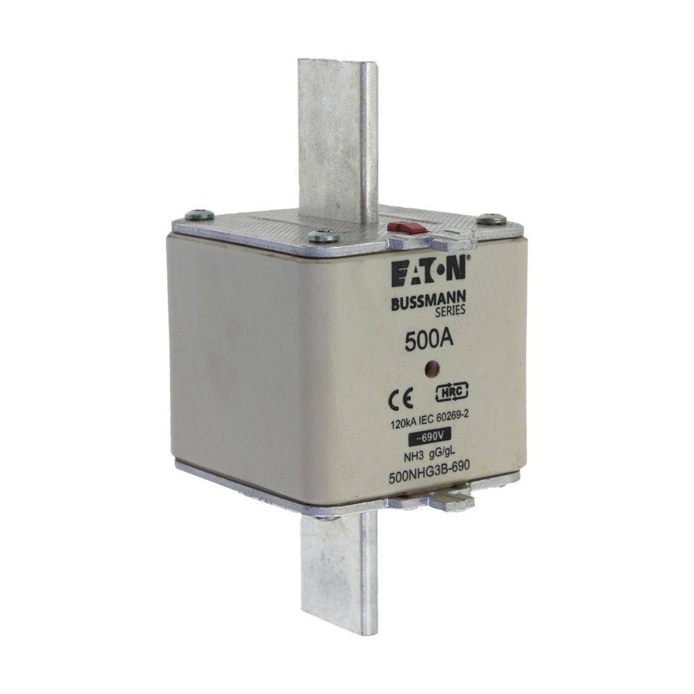Eaton Bussmann 500A Sicherung für industriellen Einsatz, mit 120kA IEC-Bewertung und NH3 GG-Typ, geeignet für elektrische Schaltkreise.