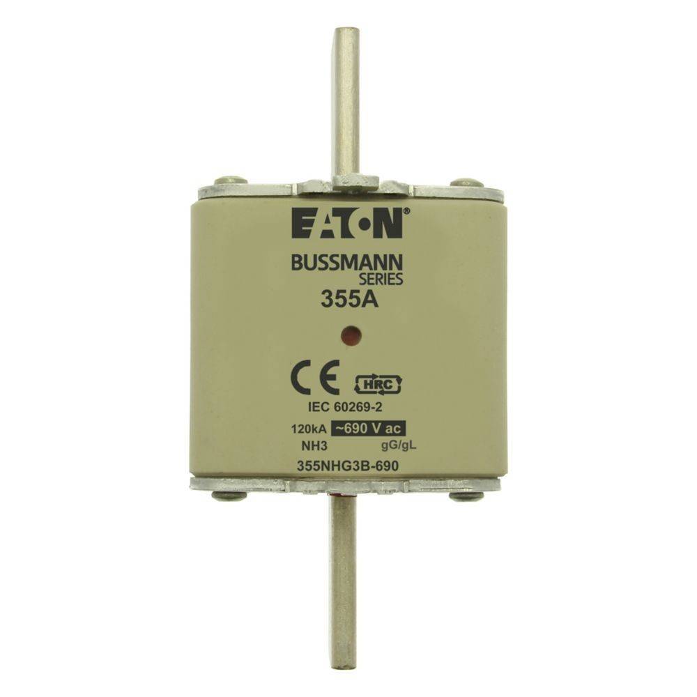 Eaton Bussmann Serie 355A Sicherung, ausgelegt für 120 kA und 690 V AC, Konformitäts- und Spezifikationskennzeichnungen auf der Vorderseite sichtbar.