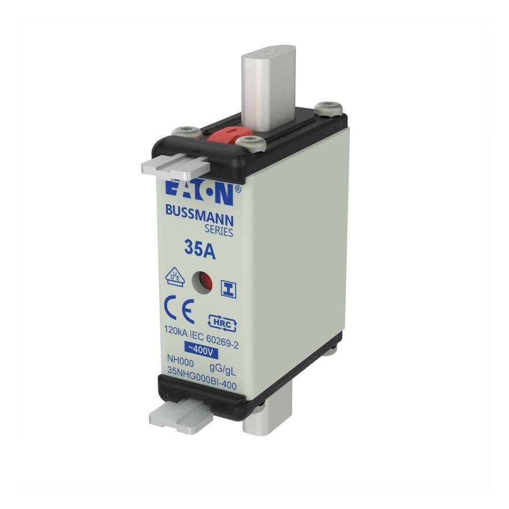 Ein ‚Bussmann Series 35A' Sicherungselement von Eaton, ausgelegt für 400V, ist abgebildet. Die europäischen Konformitätssymbole sind vorhanden, einschließlich CE und RoHS.