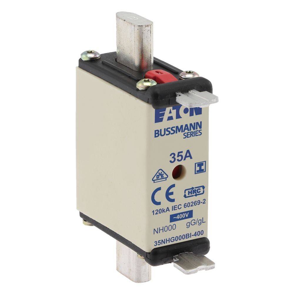 Eine Bussmann-Sicherung der Reihe mit einer 35A-Bewertung, gekennzeichnet mit 'EATON' und Konformitätssymbolen, ausgelegt für hochspannungsgeeignete elektrische Anwendungen.