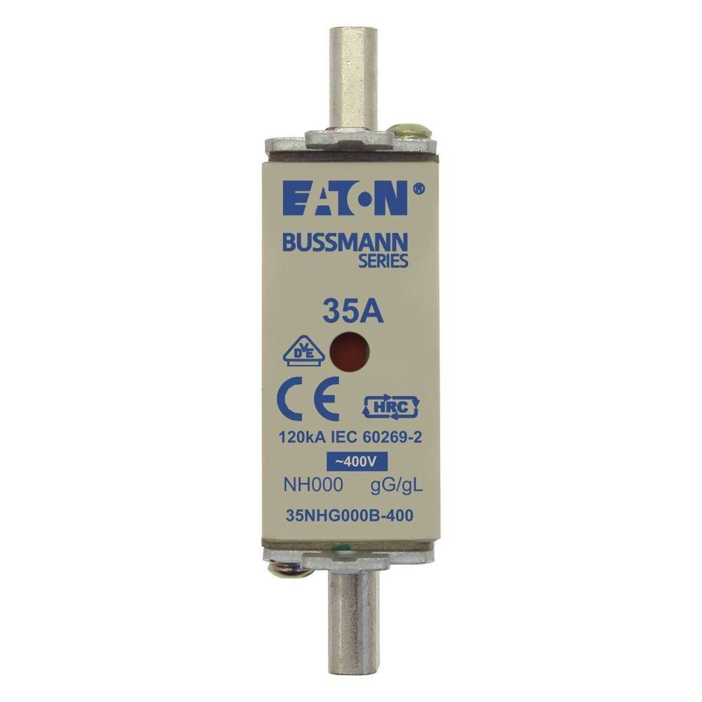 Eaton Bussmann Serie Sicherung, 35A, 120kA, IEC 60269-2, 400V, NH000, gG/gL, Modell 35NHG000B-400' auf dem Sicherungskörper gedruckt.