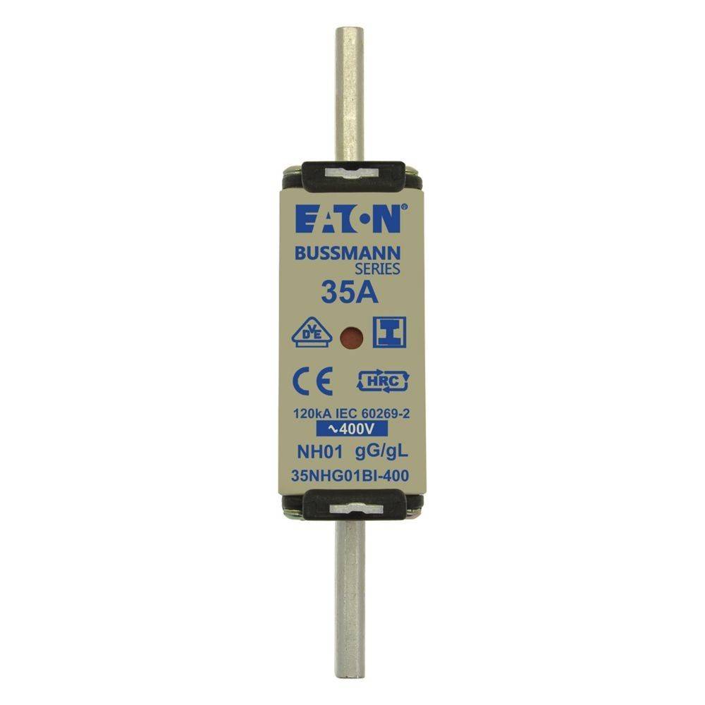 Eaton Bussmann Reihe 35A Sicherung, 120kA IEC 60269-2, 400V, NH01 gG/gL, 35NHG01B1-400.' Bild einer zylindrischen elektrischen Sicherung mit technischen Daten.