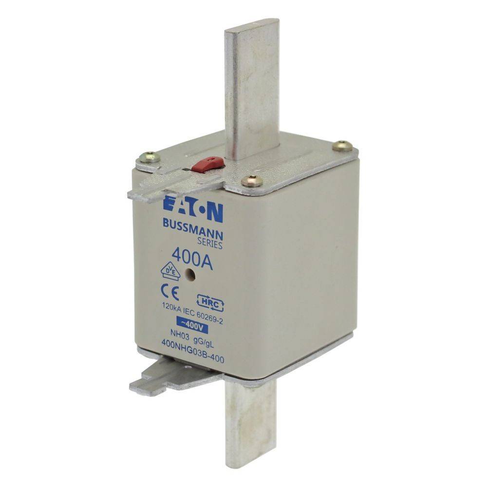 EATON Bussmann Serie 400A Sicherung mit Metallanschlüssen und Zertifizierungsmarkierungen; verwendet für elektrische Sicherheit durch Unterbrechung übermäßiger Stromstärken.