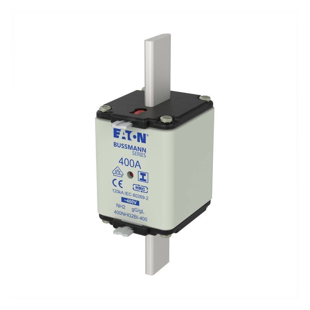 Eine Hochleistungs-Eaton-Bussmann-Serie mit 400A-Sicherung, die Sicherheitszertifizierungen und Design für elektrische Anwendungen präsentiert.