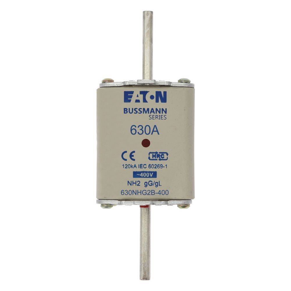 Eine zylindrische elektrische Sicherung mit der Bezeichnung 'Eaton Bussmann Series 630A' mit den Spezifikationen 400V, NH2 gG/gL, 120kA IEC 60269-1.