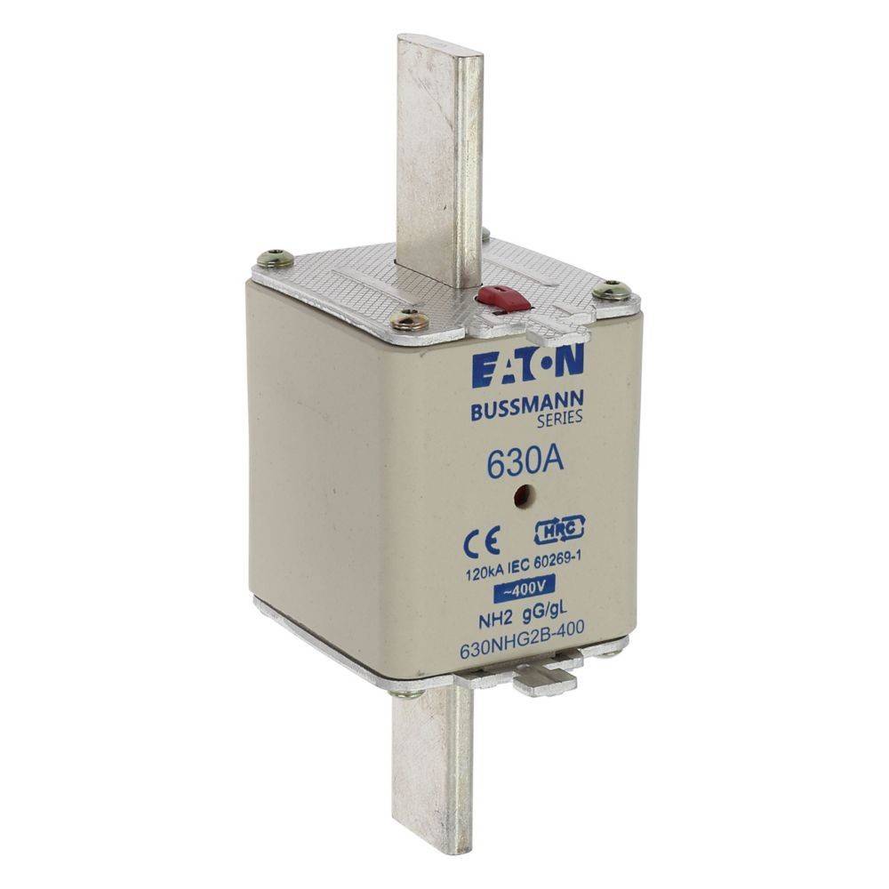 Eaton Bussmann Serie Sicherung, 630A, ausgelegt für 120/240V, 400V, mit NH2-gg/GL-Kennzeichnung. Rechteckige Form mit metallischen Anschlüssen.
