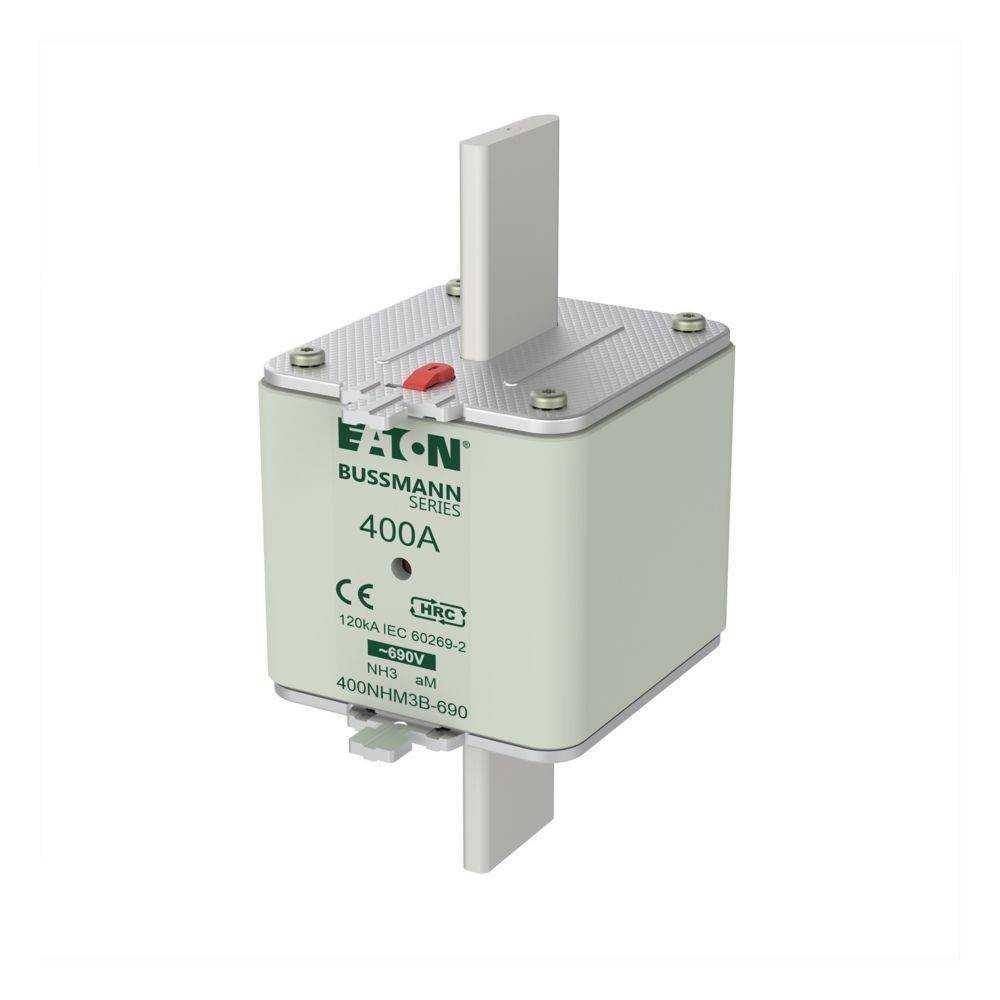 Eaton Bussmann Serie Sicherung, 400A Bewertung, verfügt über ein graues rechteckiges Gehäuse mit Metallverbindern an Ober- und Unterseite.