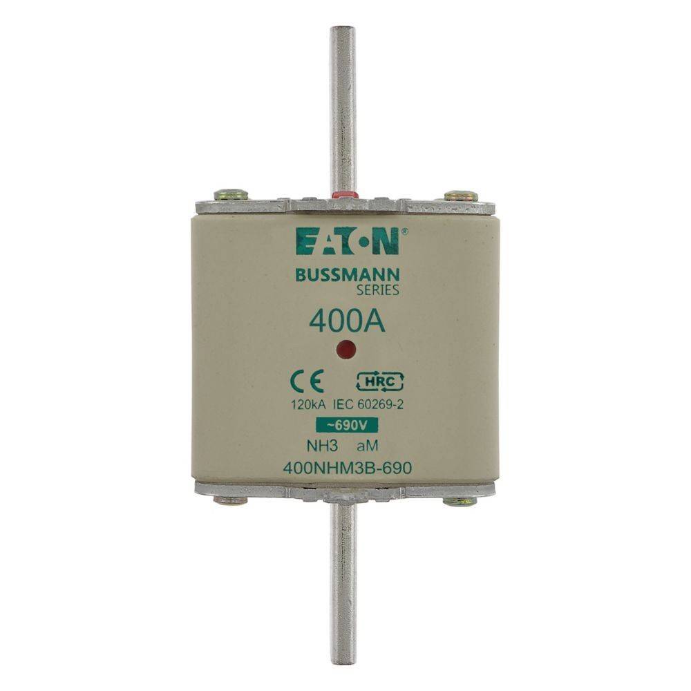 Eaton Bussmann Serie, 400A, 690V, NH3 aM, Modell 400NHM3B-690 Sicherung, mit Metallstäben oben und unten.