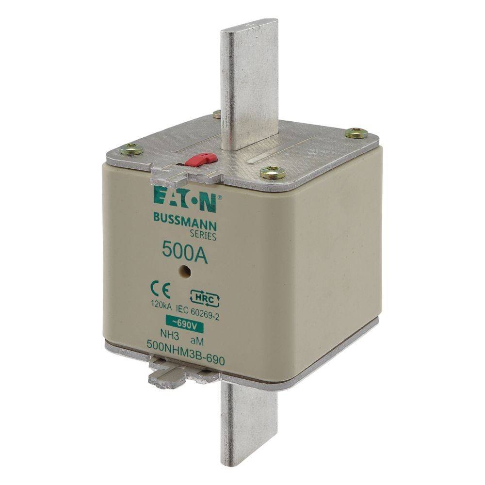 Eaton Bussmann Serie 500A HRC-Sicherung, 690V, 120kA, NH3, IEC 60269-2-konform, mit Metallklemmen und beigefarbener Gehäuse.