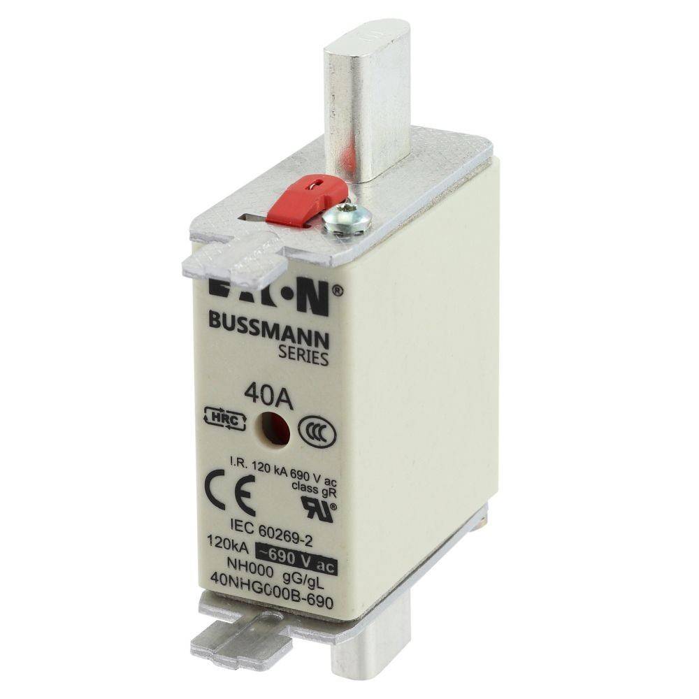 Ein rechteckiger Bussmann-Reihen-Elektrositzkering mit einer Nennleistung von 40A und 690V AC, ausgestattet mit Metallkontakten, einem roten Indikator und Teilenummern.