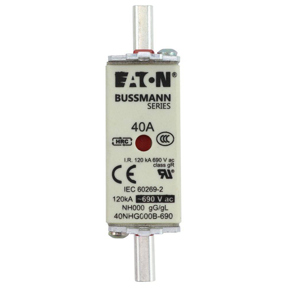 Eaton Bussmann Sicherungseinsatz der Serie mit NH000 gG/gL Klasse, 40A Kapazität, 120kA, 690V AC Nennspannung. Konform mit IEC 60269-2 Normen.
