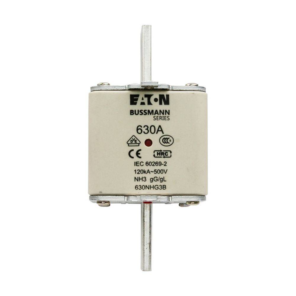 Eine rechteckige elektronische Komponente mit der Beschriftung 'Eaton Bussmann Series 630A', 120kA-500V, NH3 gG, mit metallischen Kontaktstiften oben und unten.