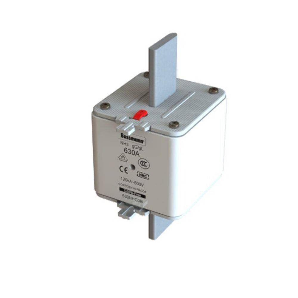 Eine quadratische elektrische Sicherung mit einer Nennstromstärke von 630A, mit silbermetallischen oberen und unteren Kontaktstiften, ausgestattet mit einem roten Indikator und dem Herstelleretikett.