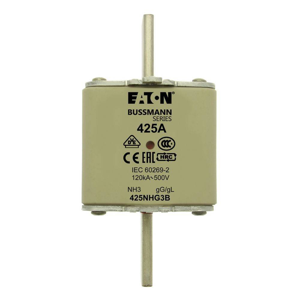 Eine 425A Industriesicherung aus der Bussmann-Reihe von Eaton, mit Sicherheitszertifizierungen und Spezifikationen für 120 kA und 500 V Nutzung.