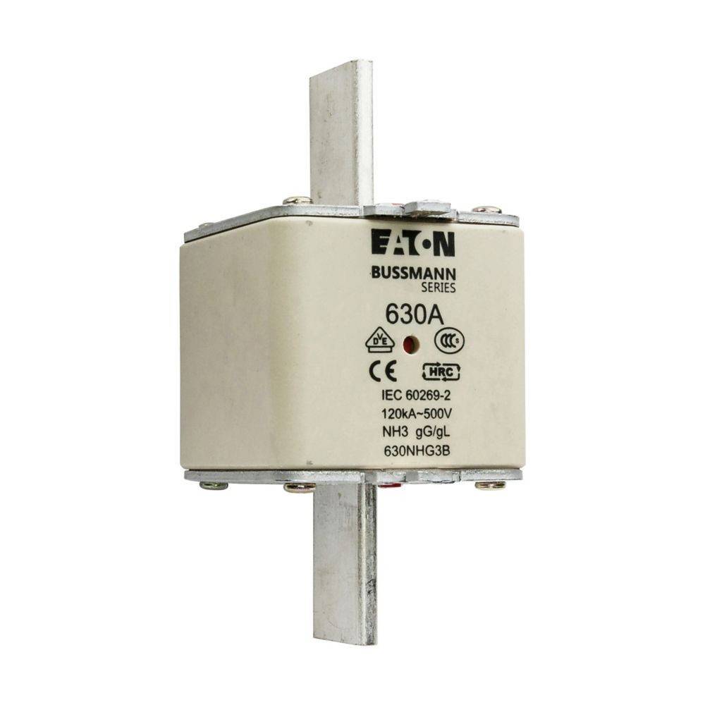 Bussmann-Sicherung 630A mit Doppelmetallstiften, bewertet mit 120kA-500V. Gekennzeichnet mit CE-, HRC- und gG/gL-Symbolen.