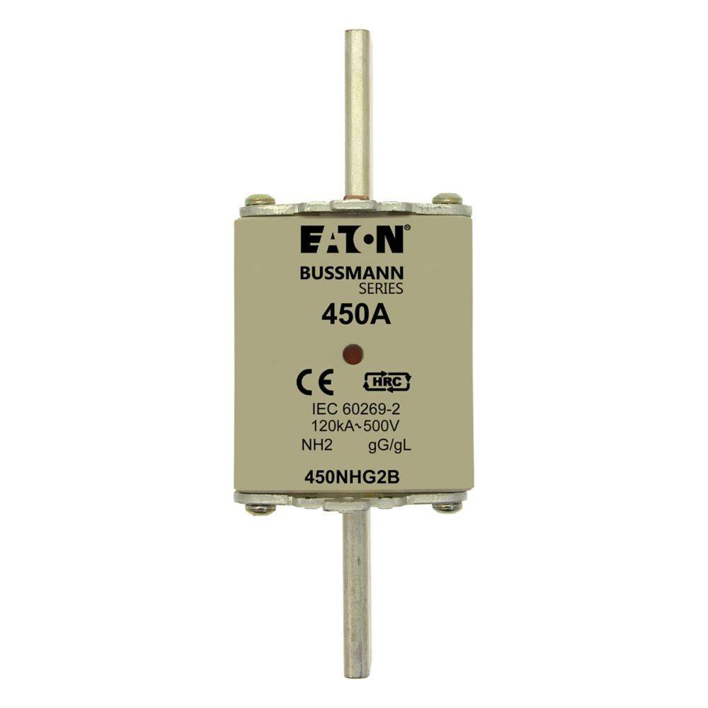 EATON Bussmann Serie 450A NH2 Sicherung' mit Spezifikationen: 120kA-500V, IEC 60269-2, HRC, 450HG2B.