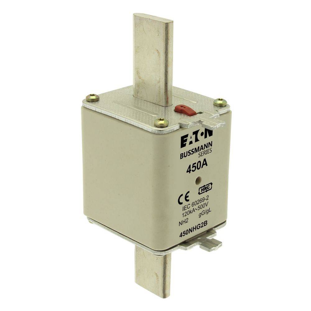 Eaton Bussmann Serie 450A Sicherung, geprüft nach IEC 60269-2, 120-550V. N12, 450NHG2B. Ausgestattet mit metallischen Anschlüssen und einem weißen Gehäuse.