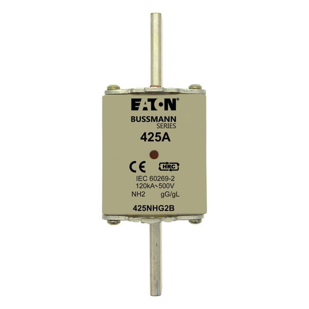 Eine beige Eaton Bussmann Sicherung der Reihe, beschriftet mit '425A' und 'NH2, 120kA-500V'. Sie enthält Zertifizierungs- und Modellinformationen '425NHG2B'.