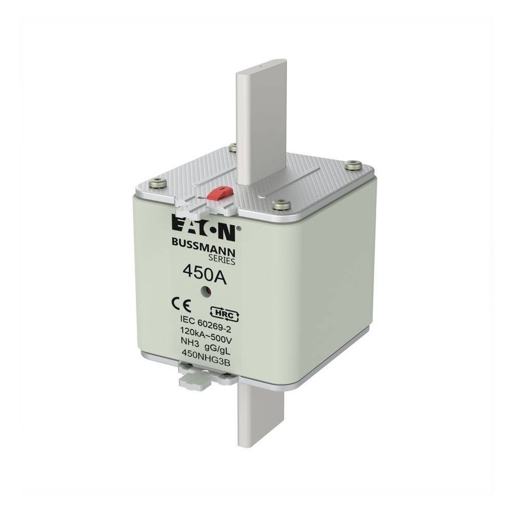 Eaton Bussmann Sicherung 450A, Modell 450NHG3B, 120kA, 690V, IEC 60269-2, HRC-Typ NH3 mit zwei metallischen Anschlüssen.