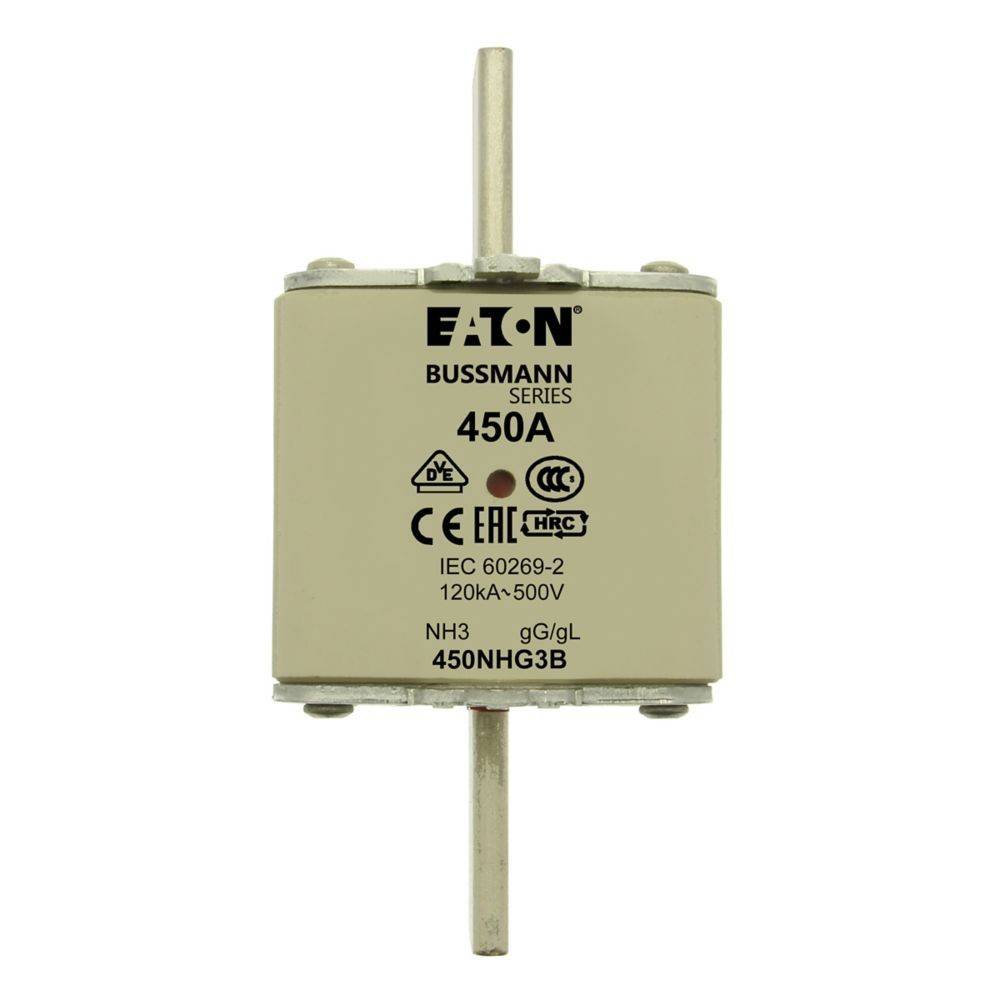 Sicherung der Eaton Bussmann-Reihe 450A, Nennwert 120kA, 500V, NH3, IEC 60269-2, gG/gL, Modell 450NHG3B, dargestellt mit oberen und unteren Metallkontakten.
