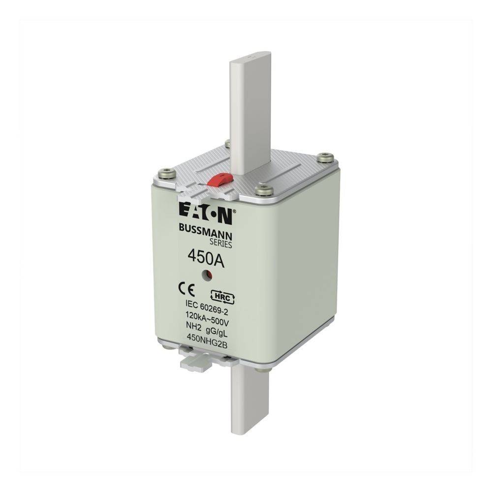 Eaton Bussmann 450A Sicherung, Modell 450NHG2B, für industrielle elektrische Sicherheit, ausgelegt für 120kA-500V, IEC 60269-2 konform.