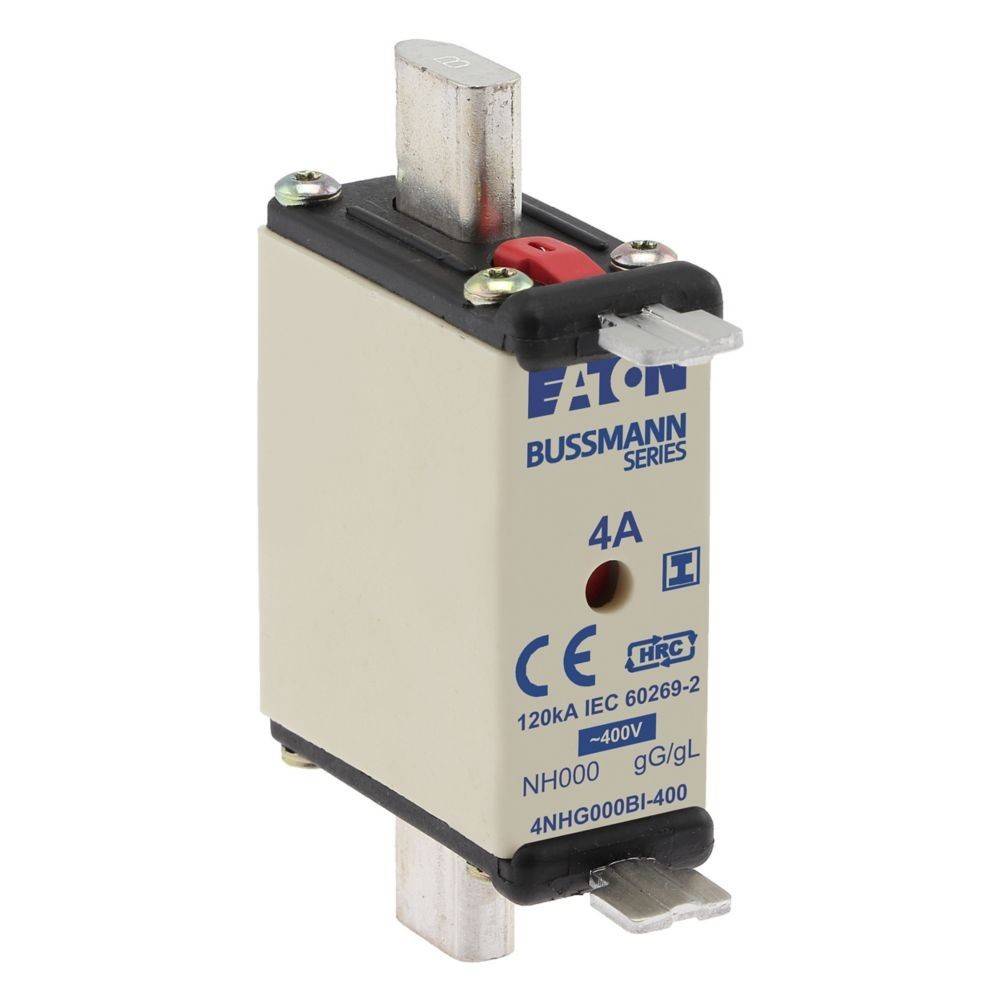 Eaton Bussmann Sicherung, 4A, 400V, mit Metallverbindern und Konformitätszeichen.