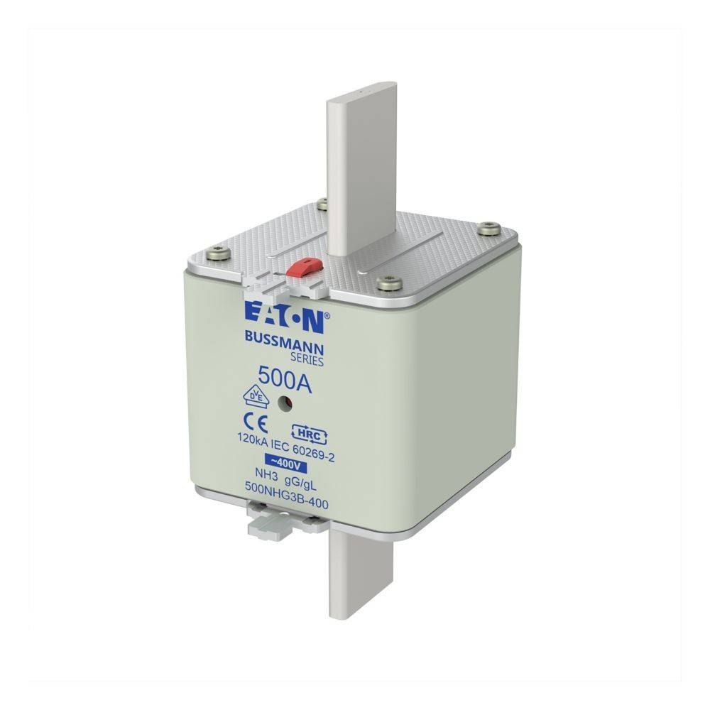 Ein quadratischer Sicherungseinsatz aus der Eaton Bussmann-Serie mit einer Nennstromstärke von 500 A und einer Kurzschlussunterbrechnungskapazität von 120 kA, ausgestattet mit seitlich montierten elektrischen Kontaktstiften.