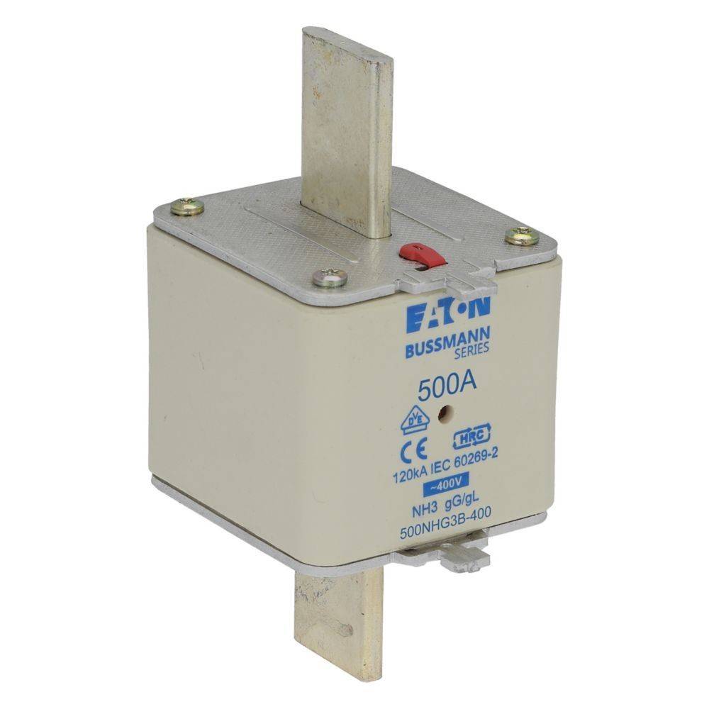 Eaton Bussmann Reihen-Sicherung, 500A, NH3 gG, 400V, 120kA, IEC 60269-2. Merkmale: Metallische Leiterstreifen oben und unten.