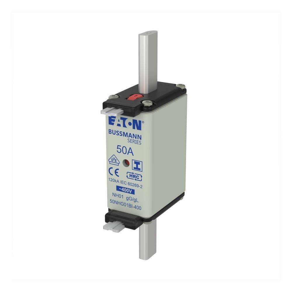 Eaton Bussmann Serie 50A Sicherung mit Metallverbindern und Konformitätskennzeichnungen, verwendet zum Schutz elektrischer Schaltkreise.