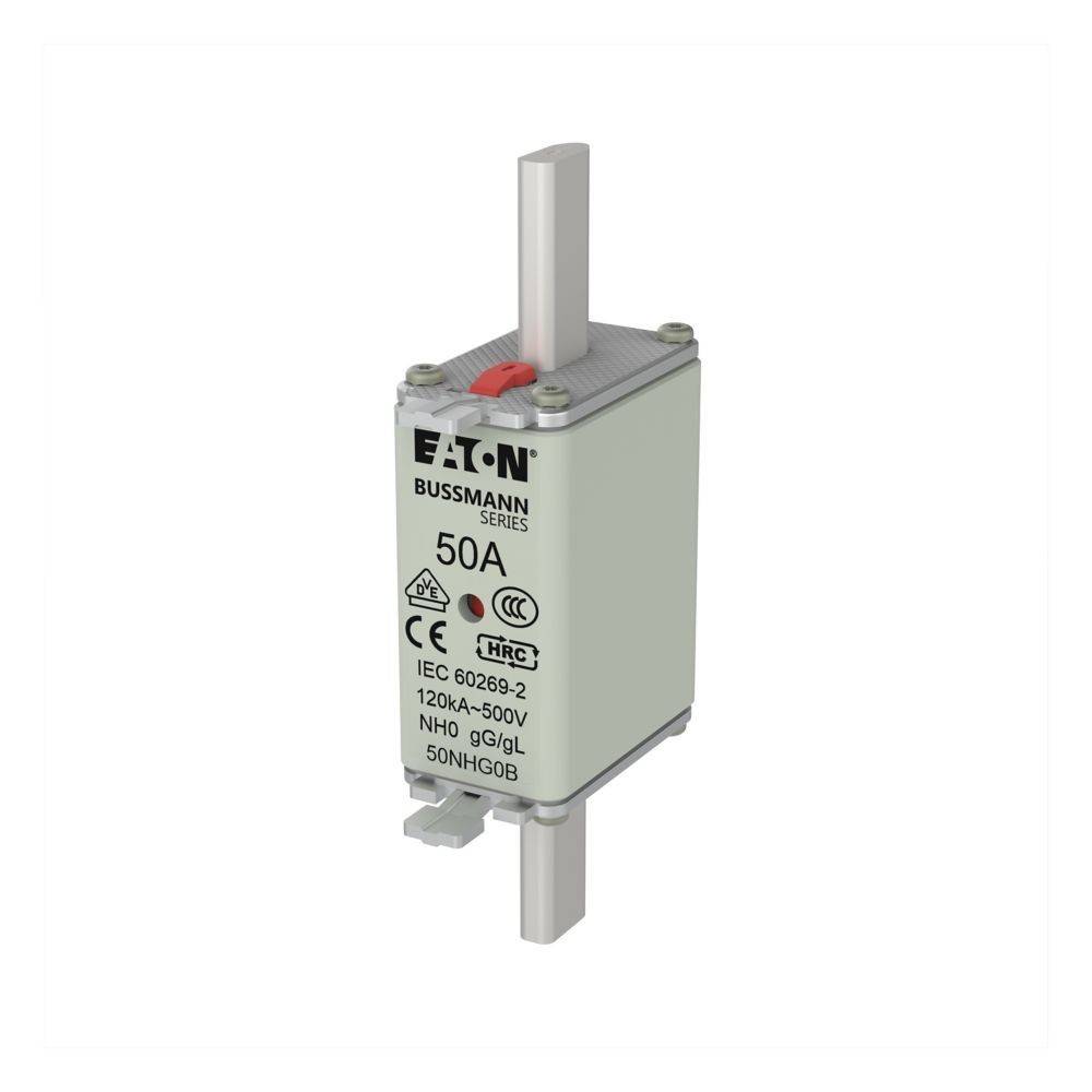 Ein weißer Eaton Bussmann Sicherungseinsatz, 50A, mit IEC 60269-2 Kennzeichnung, ausgelegt für 120kA-500V.