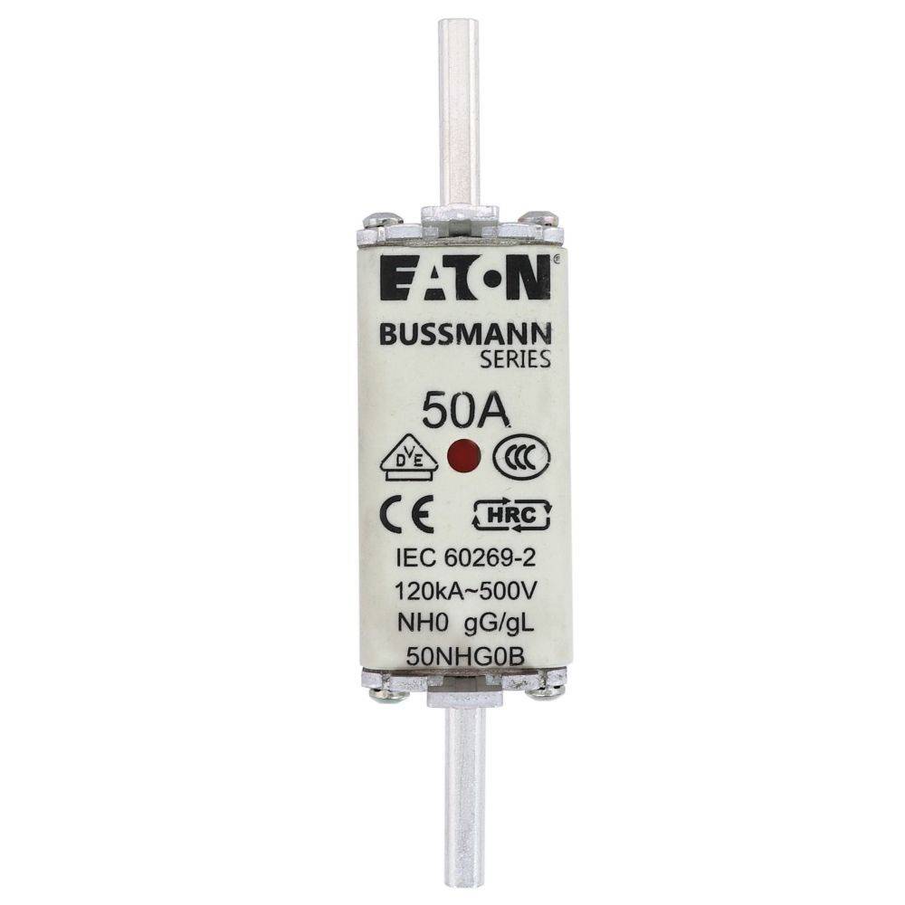 Eaton Bussmann Sicherungseinsatz, 50A, IEC 60269-2, 120kA-500V, NH0 gG/gL, Modell 50NHG0B mit CE- und HRC-Zertifizierungen.