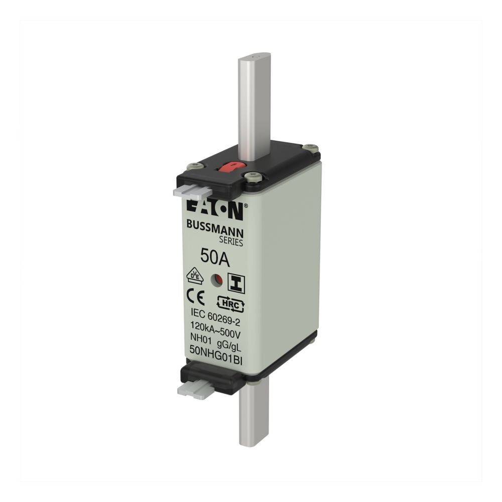 Eaton Bussmann Sicherung 50A, IEC 60269-2, 120kA-500V, NH01-gG/GL, 50NHG01B1, mit Anschlussklemmen nach oben ausgerichtet.