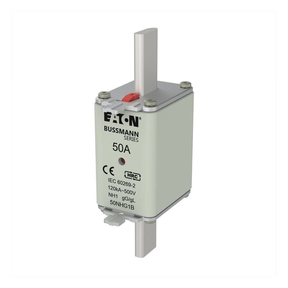 Ein 50A NH-Sicherung aus der Eaton Bussmann-Reihe, mit HRC-Konformität, ausgelegt für elektrische Schaltkreise bis zu 500V. Zeigt das Modell 'NH1 50NHG1B'.