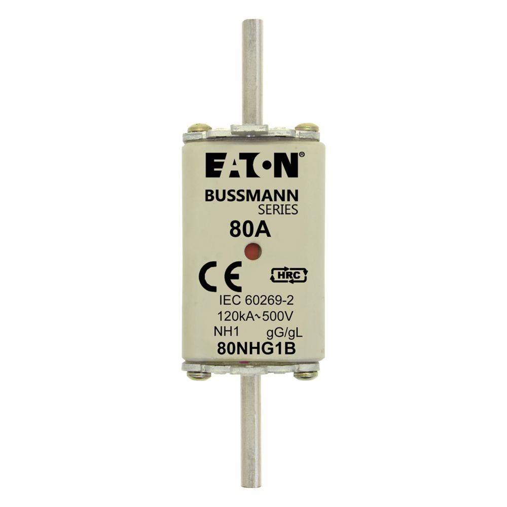 Sicherung von Eaton Bussmann-Serie, gekennzeichnet '80A', mit Markierungen für IEC 60269-2, 120kA x 500V, NH1 gG/gL und Modell '80NHG1B'.