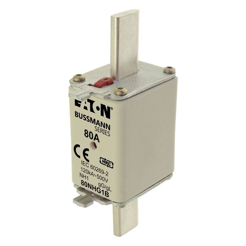 Eaton Bussmann Reihe 80A elektrische Sicherung, NH1 Größe, 120kA, 500V, graues Gehäuse mit metallischen Enden, CE-zertifiziert.