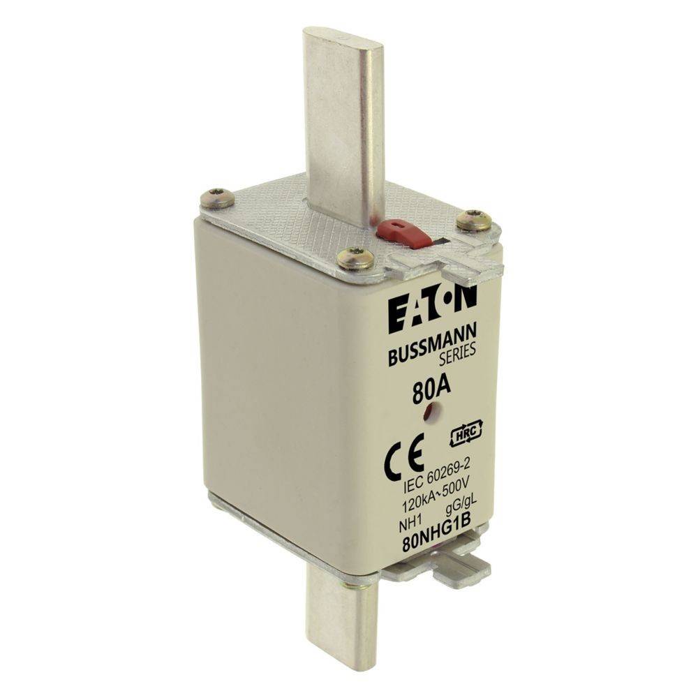 Eaton Bussmann Serie 80A Sicherung gegen weißen Hintergrund, mit Anschlüssen und Sicherheitszertifizierungsmarkierungen.