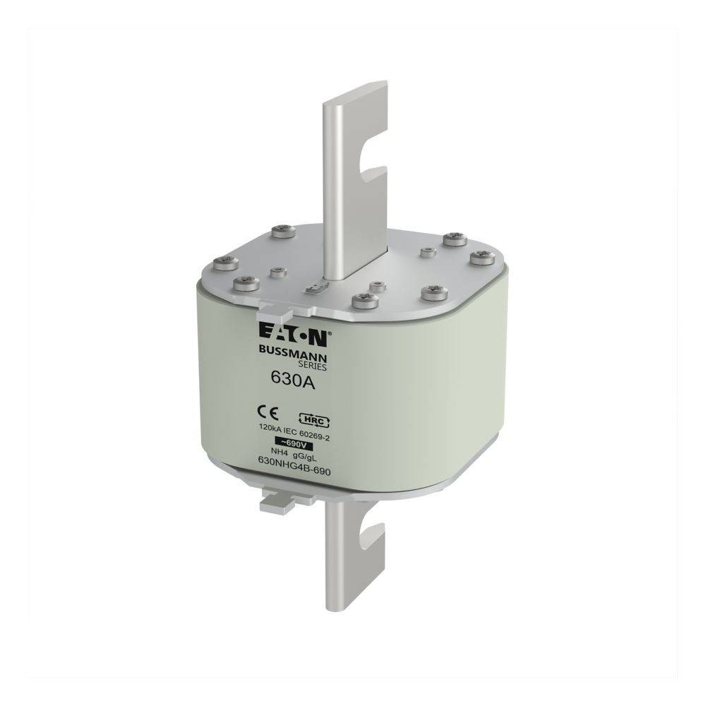 Zylindrische elektrische Sicherung mit 'Eaton Bussmann' Etikett, ausgelegt für 630 Ampere, mit Metallverbindern an beiden Enden zur Installation.