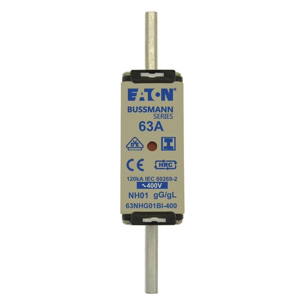 Eine Zylindersicherung mit der Bezeichnung 'Eaton Bussmann Series 63A', ausgelegt für 400V, 120kA nach IEC 60269-2.