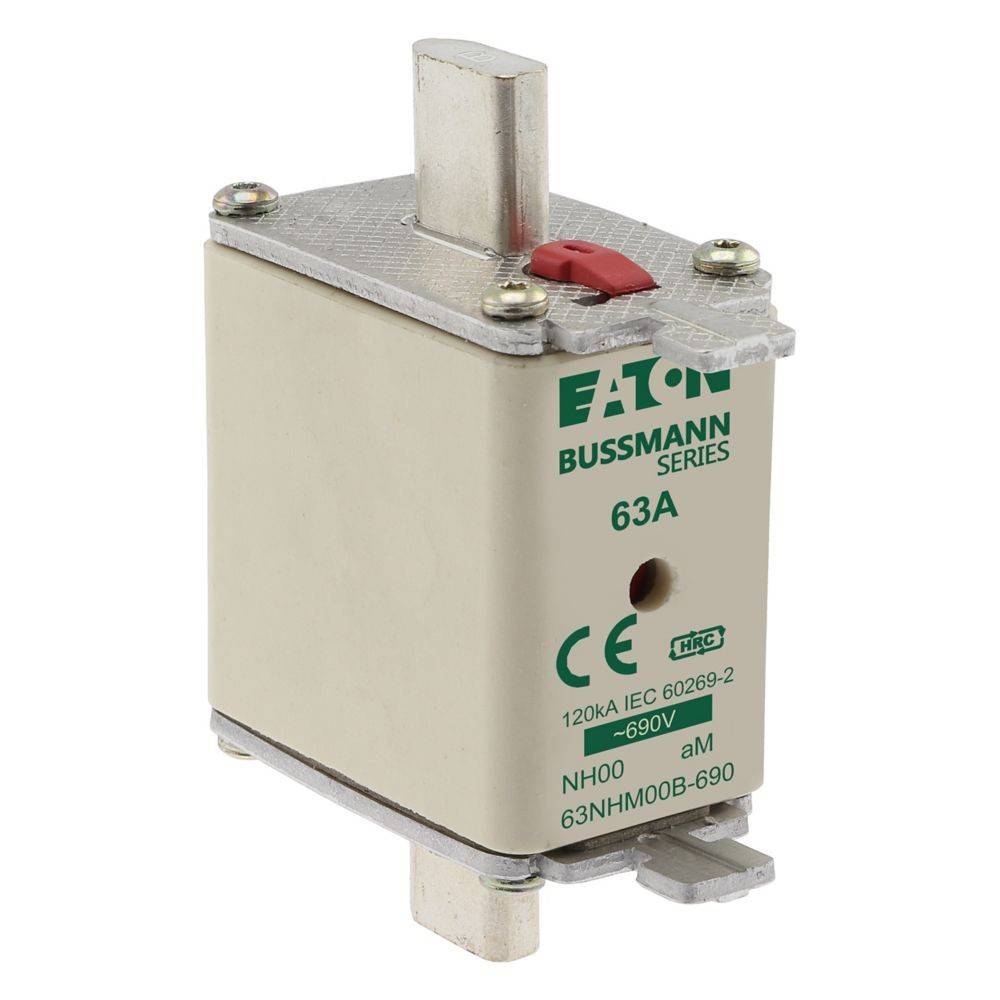 Eaton Bussmann Serie NH00 Sicherung, 63A, 690V. Weißer Körper mit Metallkontakten und rotem Indikator. Normen: CE, IEC 60269-2.